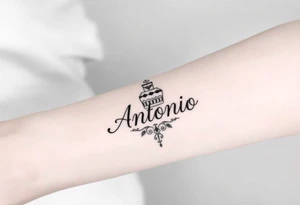 Make me a tattoo design with my husbands name Antonio stacking up and down tattoo idea