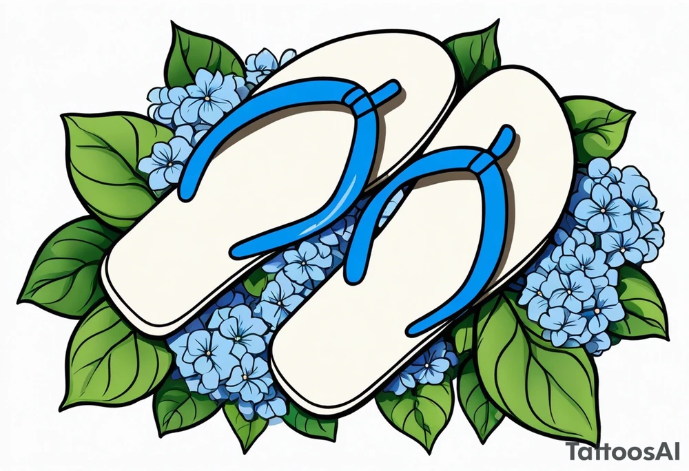 small tattoo of a single pastel blue flip flop surrounded by blue and periwinkle hydrangea flowers with green leaves tattoo idea