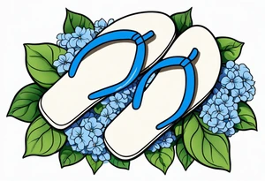 small tattoo of a single pastel blue flip flop surrounded by blue and periwinkle hydrangea flowers with green leaves tattoo idea