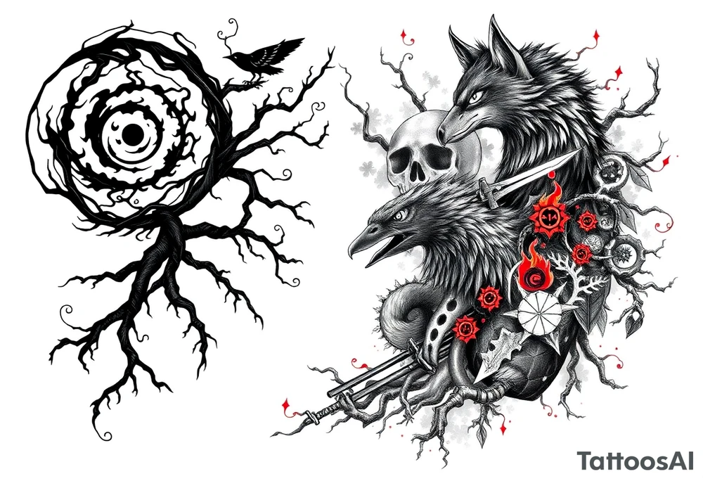 Tattoo sleeve design starting from a black spiral on the left shoulder. Integrate natural elements like twisting roots, forest vines, fog, and flowing water. Blend in mythological features such as Norse runes, a raven, and a shadowy wolf spirit. Add anime components inspired by Naruto and One Piece – including the Sharingan eye, chakra flames, silhouette of Itachi, Kurama’s head, Luffy in Gear 5 pose, and Zoro’s three swords. The design should be artistic and flowing, expanding naturally over the shoulder, upper arm, chest, and back. Use primarily black and grey tones with selective red highlights (e.g. for eyes or chakra energy). Style: mystical, powerful, connected – a fusion of nature, mythology, and anime tattoo idea