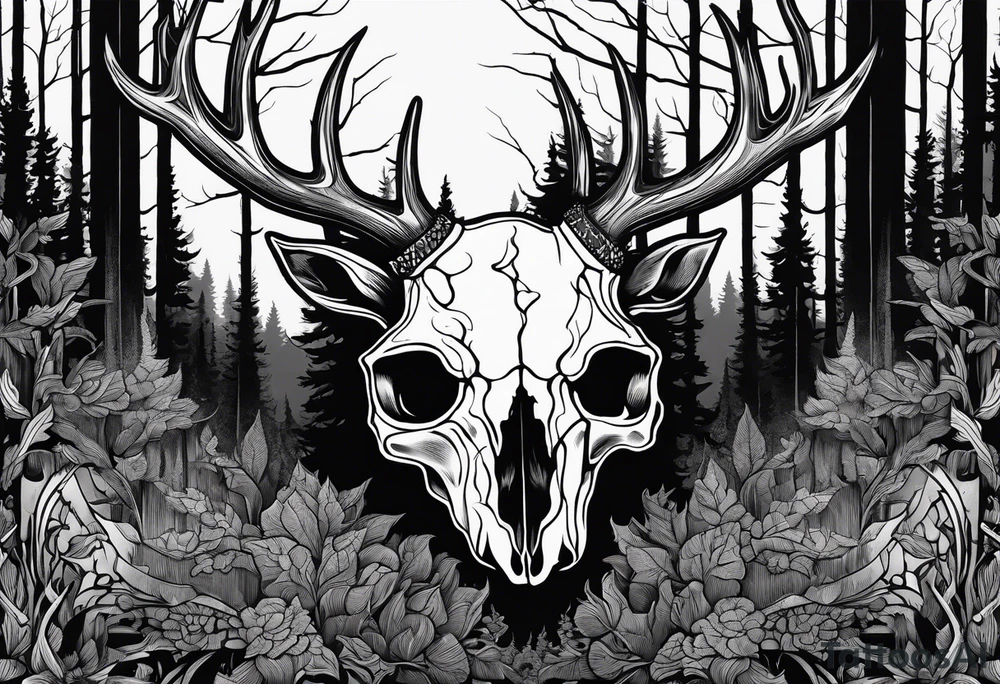 A SCARY side view of a decayed deer skull NO SKIN JUST BONE surrounded by a forest fire in background tattoo idea