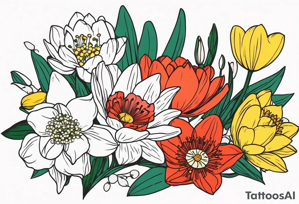 Poppy, water lily, Lily of the valley, daffodil, cosmo flower bouquet, portrait style tattoo idea