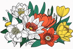Poppy, water lily, Lily of the valley, daffodil, cosmo flower bouquet, portrait style tattoo idea