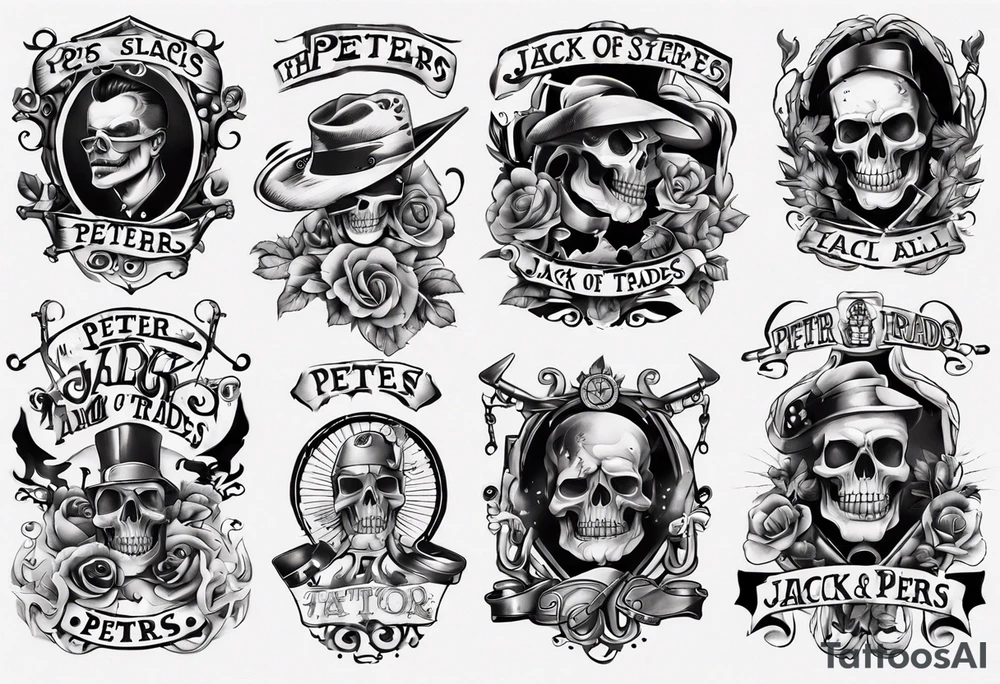 men’s arm sleeve, the name Peters, jack of all trades tattoo idea