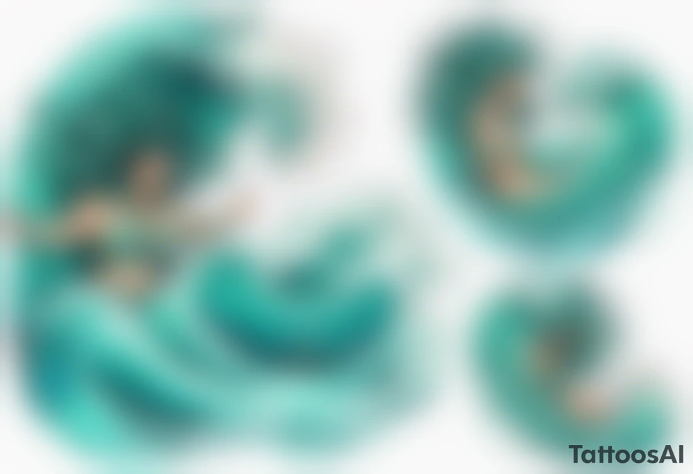 a beautiful chubby turquoise serpent woman emerging from an ocean wave, crashing onto the shore tattoo idea
