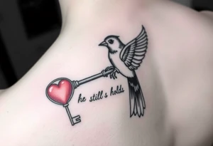 I had a matching tattoo with my fiancé that died. He had the key and I had the heart. I want something with a red bird holding the key with the words he still holds the key tattoo idea