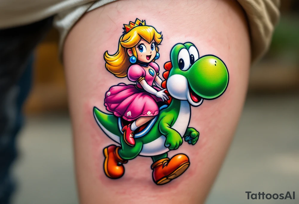 Princess Peach riding Yoshi from Mario Bros with vibrant colors. Make it more like the super Mario bros movie. Her dress should be poofier and covering her legs while he has red saddle with white trim. He should be walking upright. Make him look towards the camera with a large open mouth smile tattoo idea