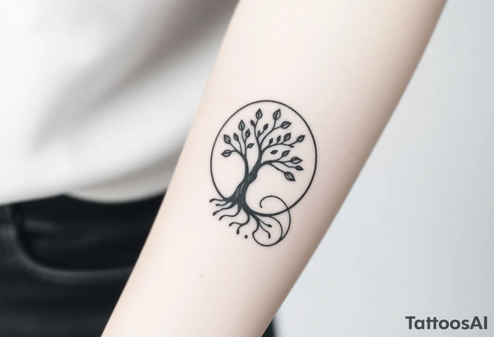 A tree inside of a sun, with few leaves, with an outward spiral line (moving to the right), as its roots, encircling the entire tree tattoo idea