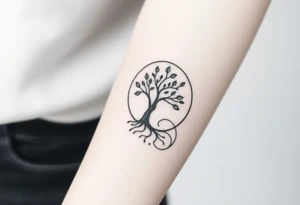 A tree inside of a sun, with few leaves, with an outward spiral line (moving to the right), as its roots, encircling the entire tree tattoo idea