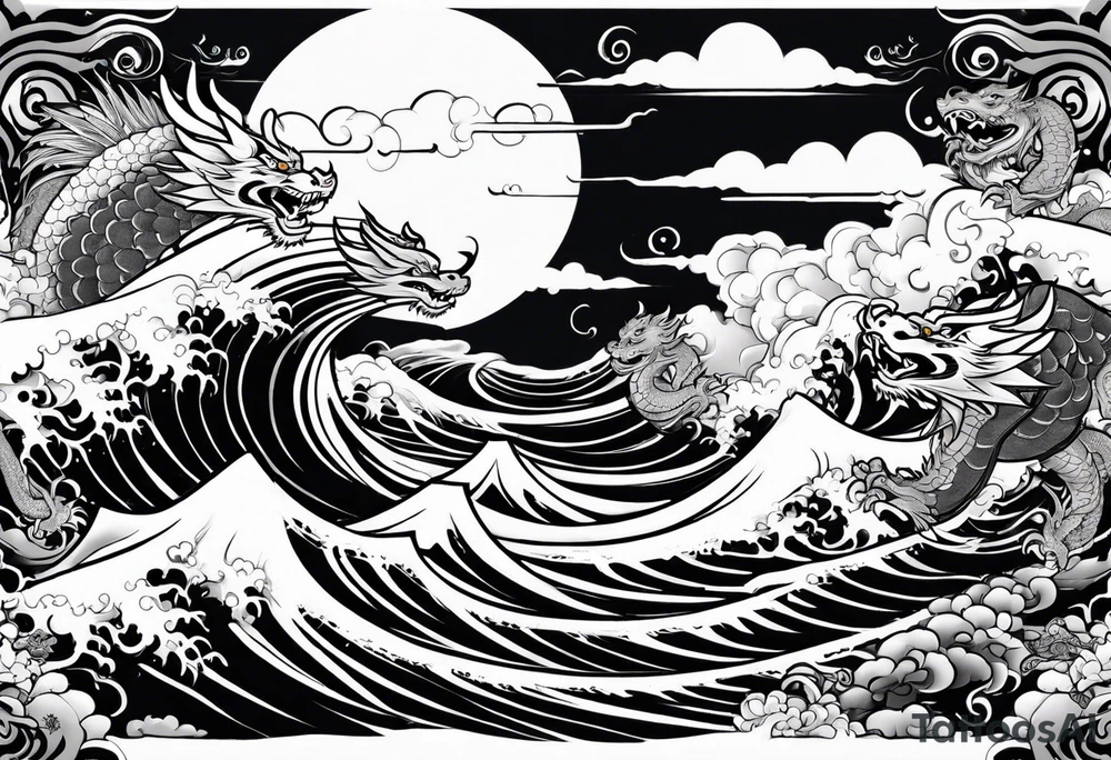 A strip with a japonese dragon, a samurai, an oni and a tiger with waves bellow and clouds above with the sun and the moon tattoo idea