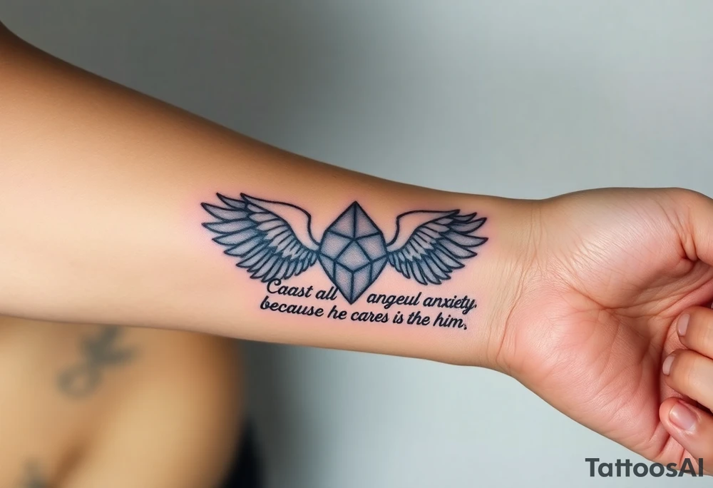 cast all your anxiety on him because he cares for you" with angels tattoo idea