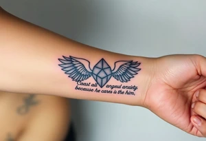 cast all your anxiety on him because he cares for you" with angels tattoo idea