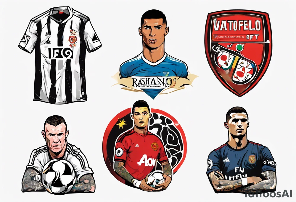 Rooney, Ronaldo, Best, Charlton, Cantona and Rashford at a table tattoo idea