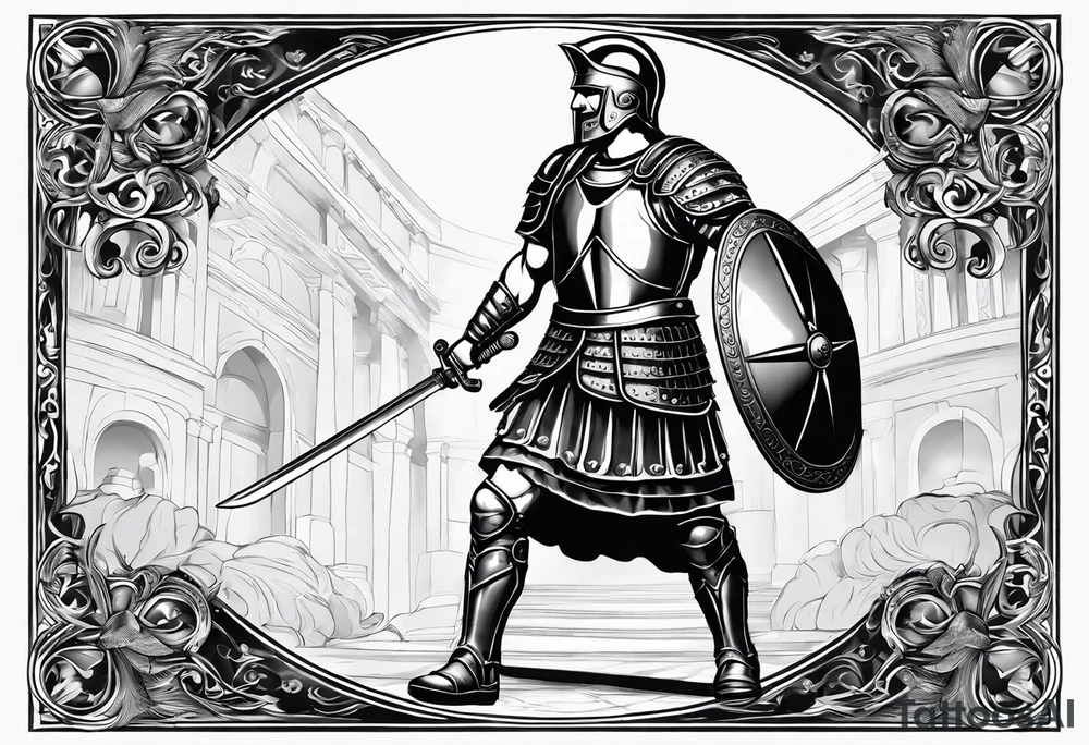 a black and white illustration of a roman soldier from AD 60, wearing armor which must include an armoured belt, breastplate, armoured shoes, shield, helmet and sword.
the soldier must look strong. the soldier is faceless. The image must include the full person - from head to toes tattoo idea