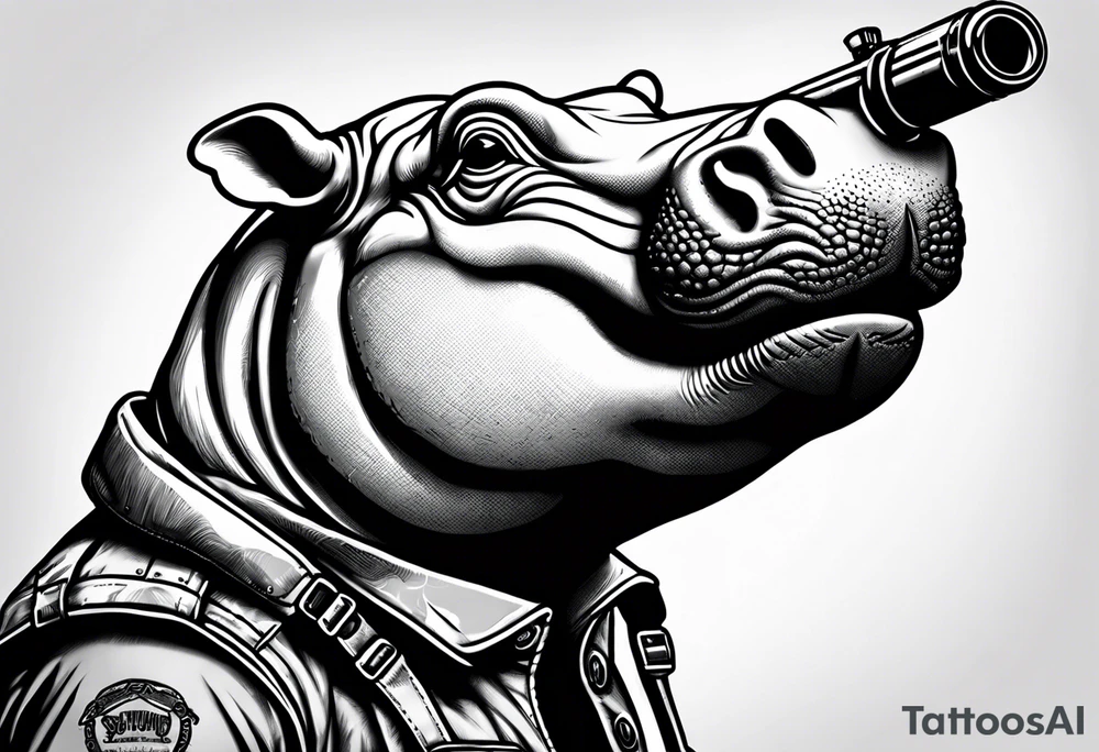 Baby hippo wearing overalls and holding a shotgun tattoo idea