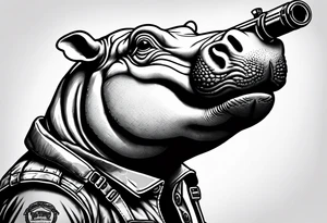Baby hippo wearing overalls and holding a shotgun tattoo idea