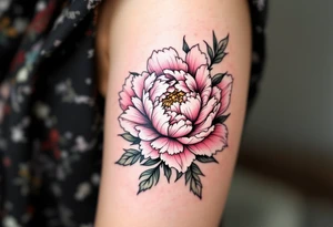 "Carpe Diem" in fine-line black ink curling around a soft pink peony. tattoo idea