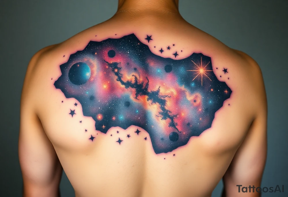 Beautiful and epic 3d milky way that appears to be what is beneath the skin. Make it drape over the shoulder and move to the middle back. use negative spaces to create stars and dust. Incorporate God breathing life into the universe. Keep it symmetrical tattoo idea