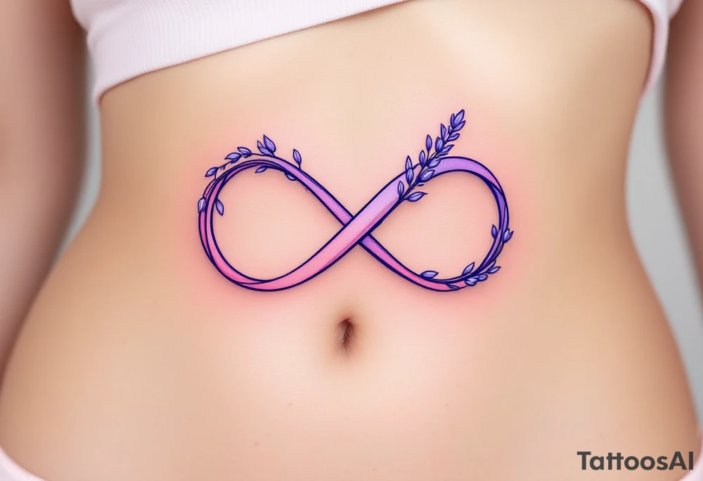 An infinity symbol intertwined with a lavender stem, with a soft ombré effect blending from violet to pastel pink. tattoo idea