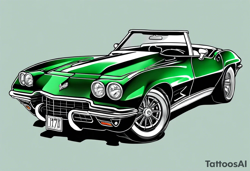 Skeleton smoking a cigarette driving a green 1976 convertible Corvette tattoo idea