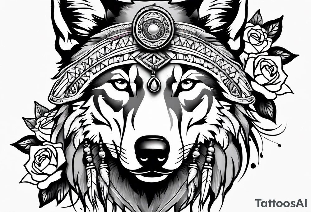 Native American with a wolf wrapped in roses tattoo idea