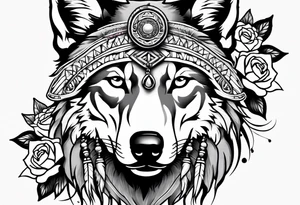 Native American with a wolf wrapped in roses tattoo idea