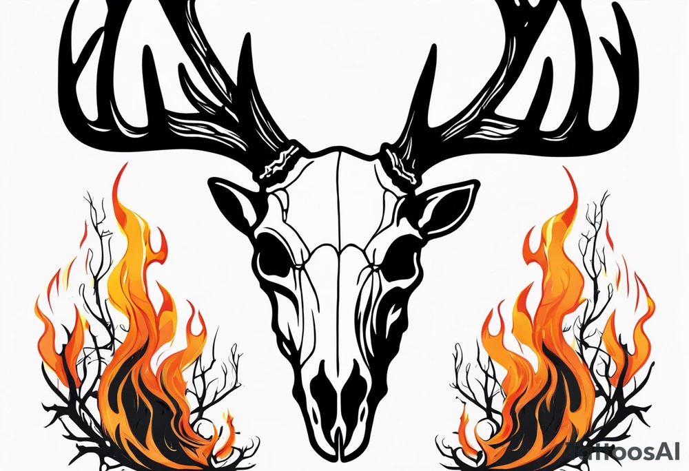 side profile of a DECAYING deer skull JUST BONE lore accurate wendigo surrounded by a flames and trees tattoo idea