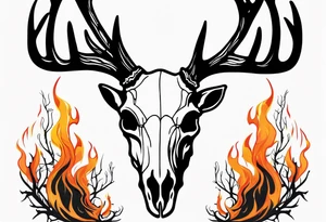 side profile of a DECAYING deer skull JUST BONE lore accurate wendigo surrounded by a flames and trees tattoo idea