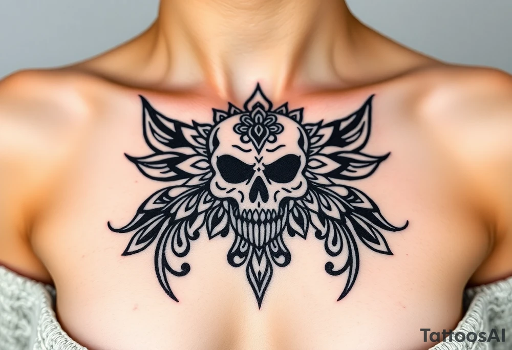 Stunning underboob tattoo with lace and elegant mandala skull tattoo idea