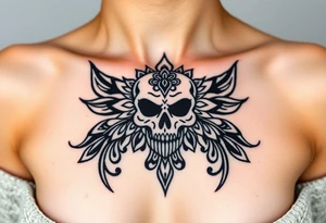 Stunning underboob tattoo with lace and elegant mandala skull tattoo idea