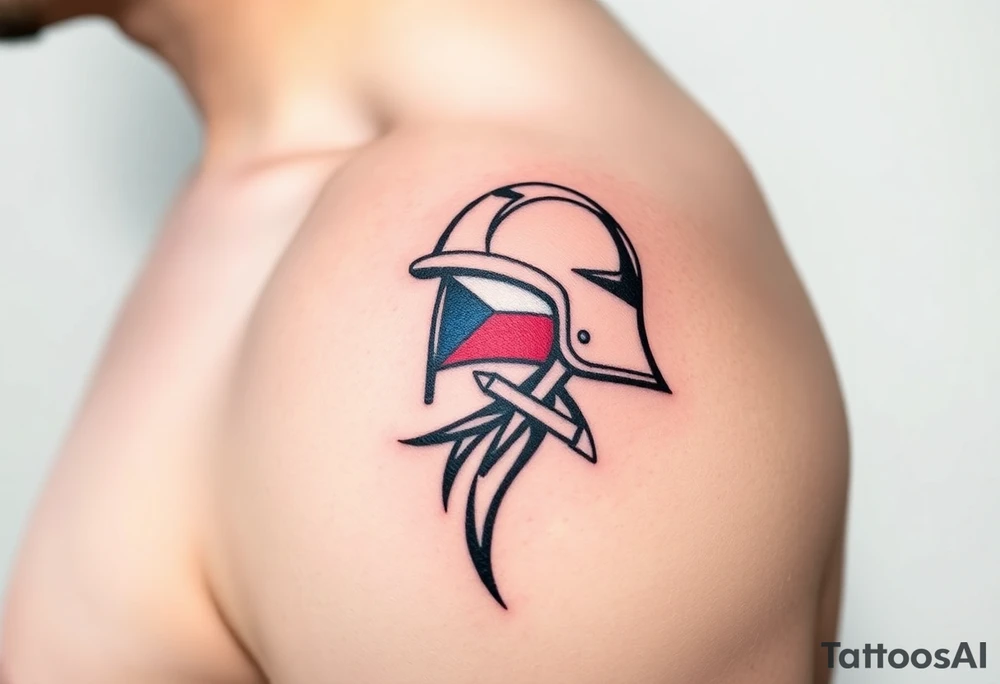 A Czech flag wrapped around a soldier’s helmet, symbolizing honor and national pride tattoo idea