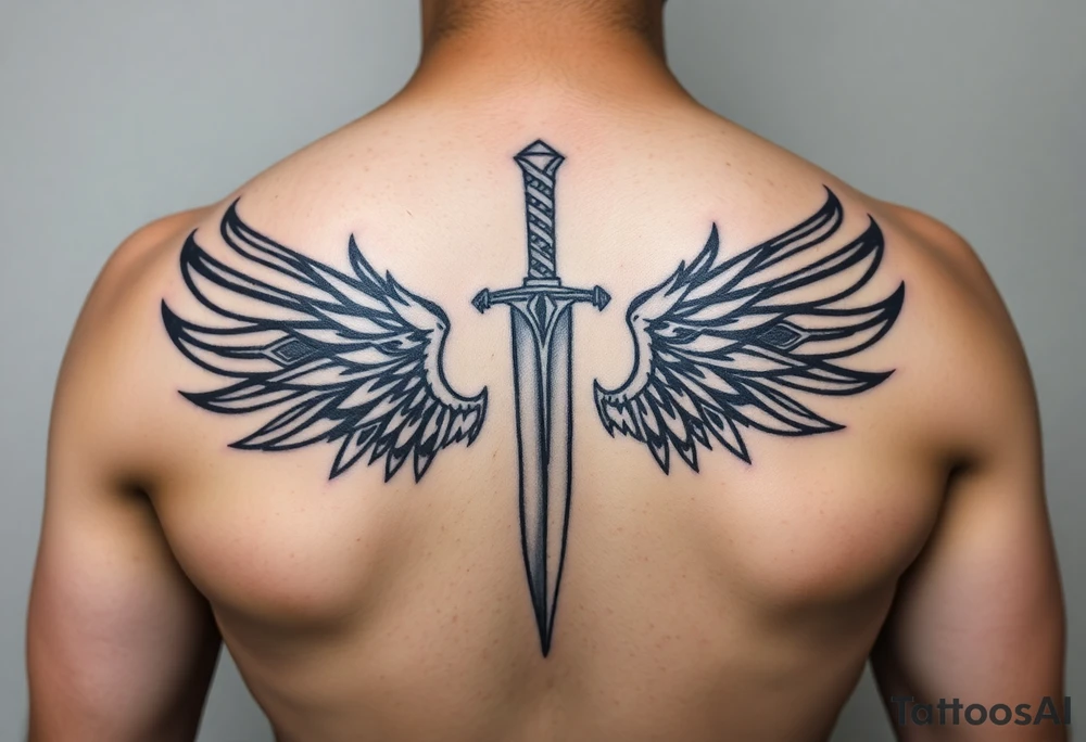 Wings wrapping up and around surrounding a sword and lightening bolt tattoo idea