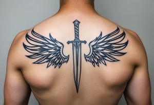Wings wrapping up and around surrounding a sword and lightening bolt tattoo idea