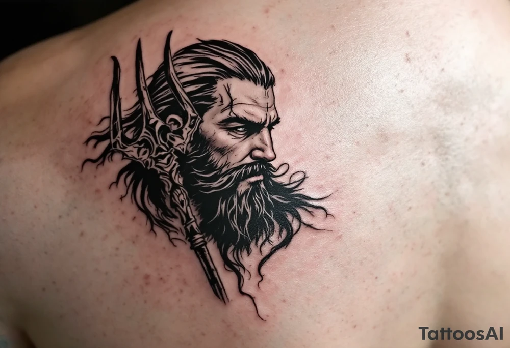 fit poseidon, behind a trident, looking at his nose tattoo idea