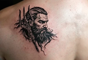 fit poseidon, behind a trident, looking at his nose tattoo idea