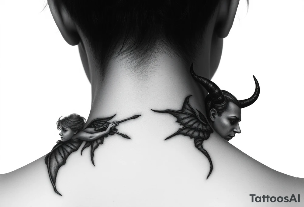 position behind the neck Angel (on the right) whispering in the right ear, demon (on the left) whispering in the left ear tattoo idea