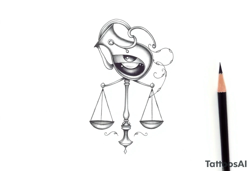 I want a tattoo that combines the Aquarius water bearer and the Libra scales. The water should flow elegantly from the jug, merging into or balancing the scales below. tattoo idea