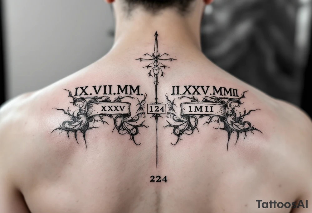 IX.VII.MM. and II.XXV.MMII with a space between them in a balanced and symmetrical layout, along with the number 224 tattoo idea