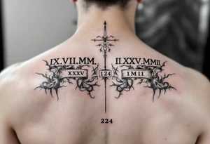 IX.VII.MM. and II.XXV.MMII with a space between them in a balanced and symmetrical layout, along with the number 224 tattoo idea