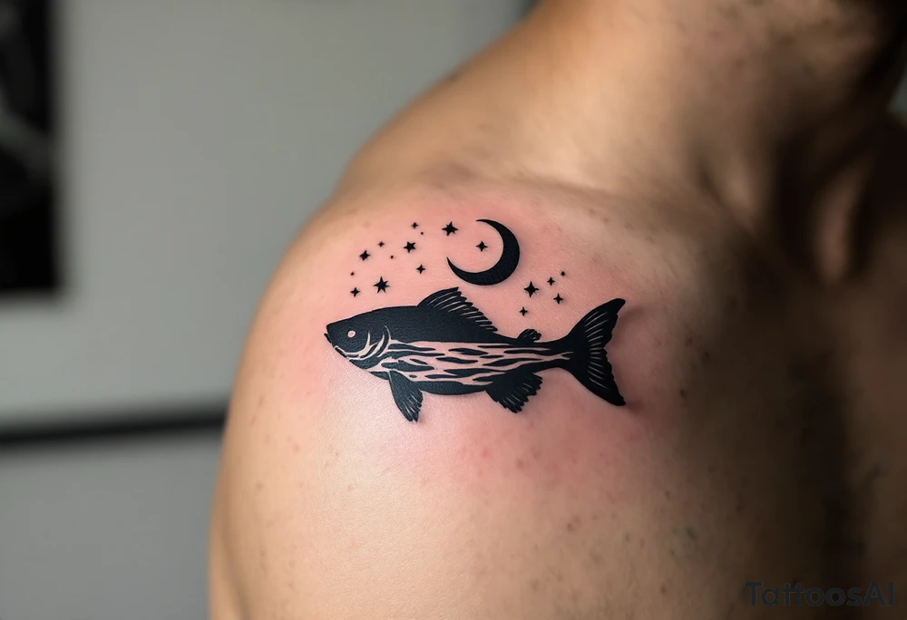 Night Catfish Silhouette – A quiet and mysterious tattoo featuring a black silhouette of a catfish under a crescent moon, with stars reflected in a rippling water surface. tattoo idea