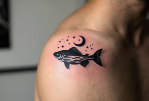 Night Catfish Silhouette – A quiet and mysterious tattoo featuring a black silhouette of a catfish under a crescent moon, with stars reflected in a rippling water surface. tattoo idea