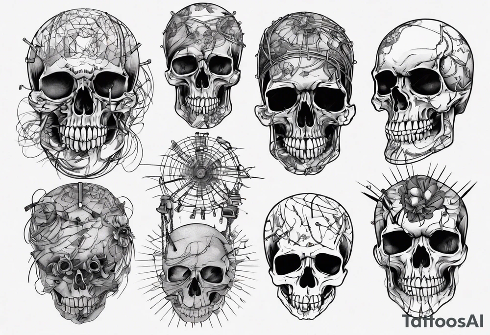 Skull covered in wires tattoo idea