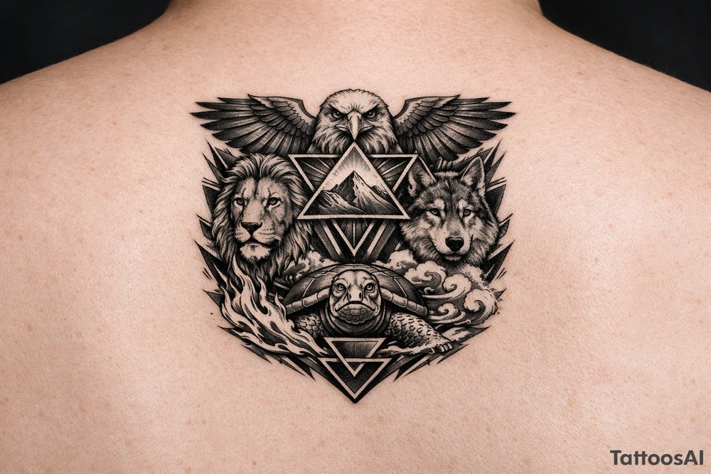 Strength, humble, honourable, respectful, being adaptable to all situations
Using animals, elements (earth wind fire water), geometric shapes
Design for a full sleeve tattoo idea