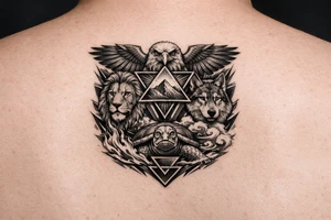 Strength, humble, honourable, respectful, being adaptable to all situations

Using animals, elements (earth wind fire water), geometric shapes

Design for a full sleeve tattoo idea