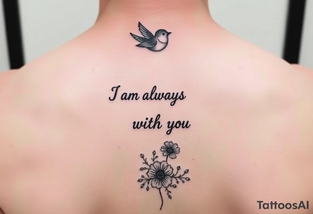 Bible verse “I am always with you Matthew 28:20” going vertical down the spine  with a dainty bird on top with small flowers on the bottom tattoo idea