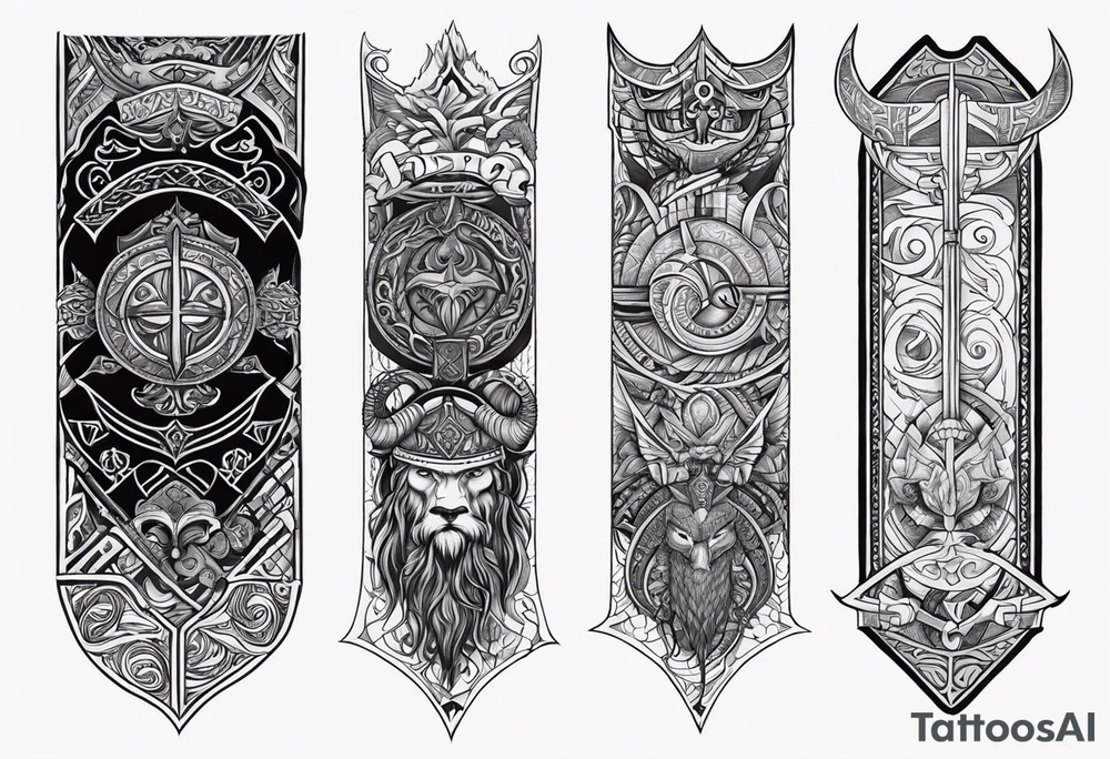Vikings theme with symbols full sleeve tattoo idea