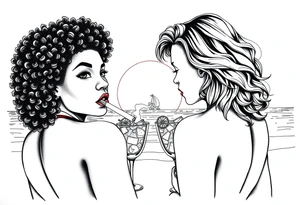 Two females One of the females is dark skin with Curly puffy hair The other girl is light skin and has wavy hair in front of a sunset on the beach, smoking a blunt with margarita glasses next to them tattoo idea