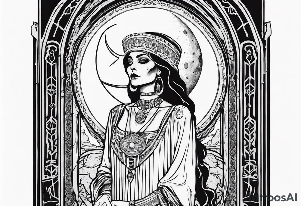 High priestess as a skeleton with moon tarot card tattoo idea