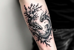 koi fish fighting a dragon in a yin yang format 
with a sakura tree in the background, Japanese inspired piece tattoo idea