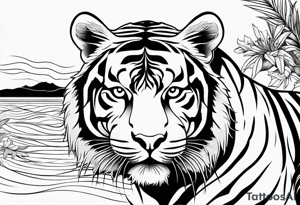minimalist tiger outline near water tattoo idea